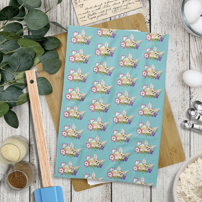Linge De Cuisine Renard Fennec Fleurs Rose Violet Mignon Bleu Botan (Créateur téléchargé)