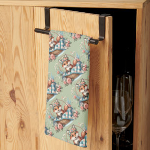 Linge De Cuisine Renard floral dans un panier avec courtepointe et