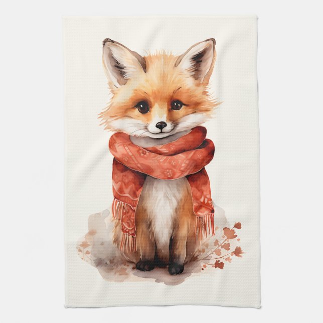 Linge De Cuisine Renard mignon en écharpe rouge (Vertical)