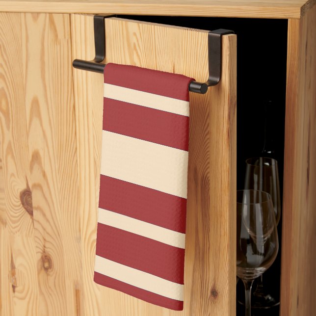 Linge De Cuisine Répétition de larges rayures rouges foncé et crème (Pliage en tiers)
