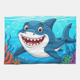 Linge De Cuisine Requin de dessin animé souriant, vie marine sous-m