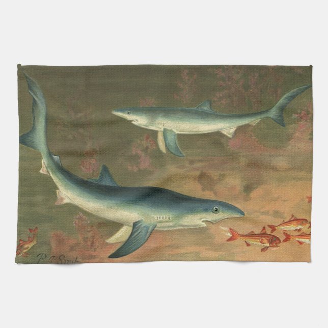 Linge De Cuisine Requins Bleus Mangeant des Poissons, Vie Marine Vi (Horizontal)
