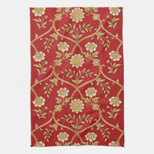 Linge De Cuisine Réseau floral rouge or élégant