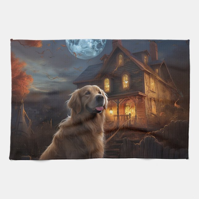 Linge De Cuisine Retriever doré Halloween effrayant (Horizontal)