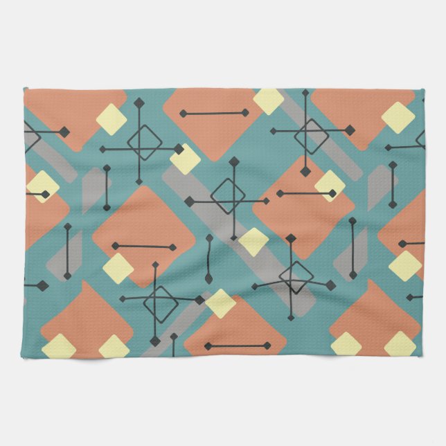 Linge De Cuisine Retro 1950 Art Diamonds Turquoise Orange (Horizontal)