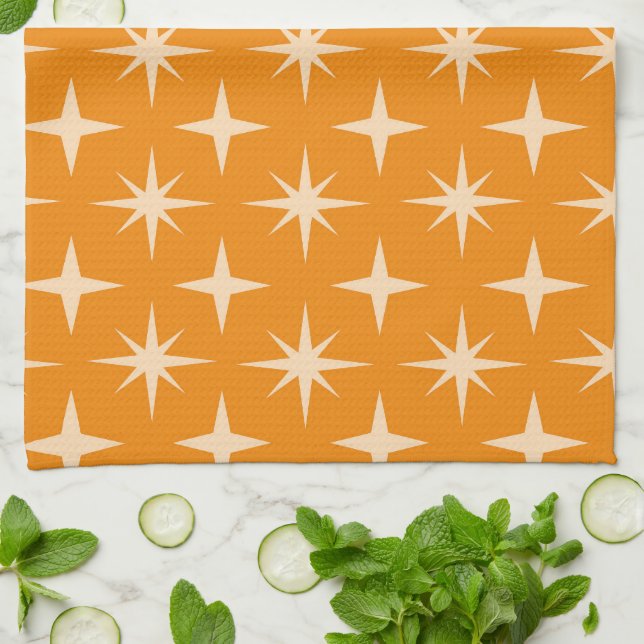 Linge De Cuisine Retro Atomic Stars Motif sur Orange (Plié)