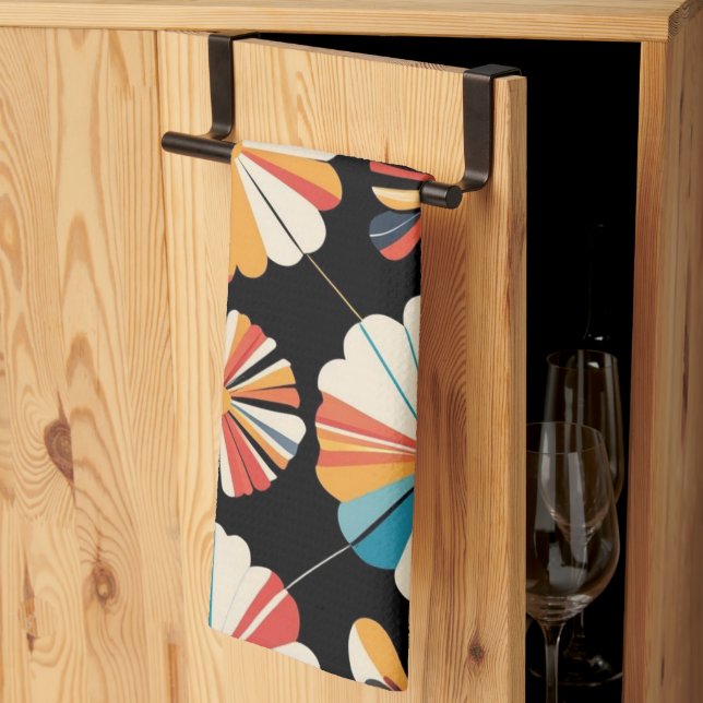 Linge De Cuisine Retro Black Rainbow geometric Flowers Pattern  (Pliage en tiers)