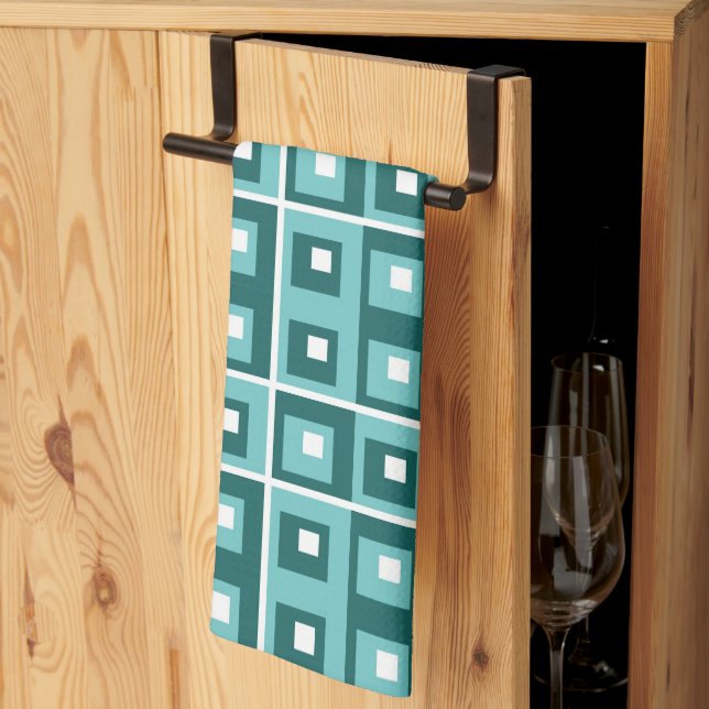 Linge De Cuisine Retro Blue Geometric Squares Pattern (Pliage en tiers)