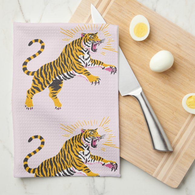 Linge De Cuisine Retro Boho Tigre Rugissant Orange Rose (Quart Plié)