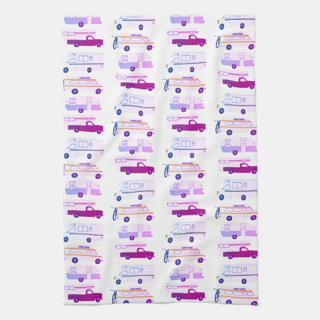 Linge De Cuisine Rétro Camper Motorhome RV Vanlife Blanc Violet (Vertical)