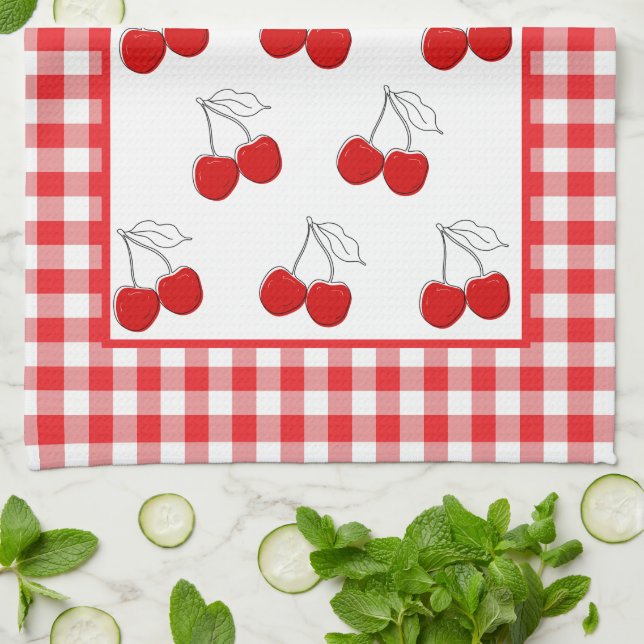 Linge De Cuisine Retro Cherries Red En vichy Country Farmhouse (Plié)
