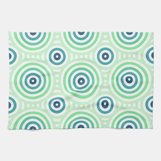 Linge De Cuisine Retro Circulaire Geometric Pattern en Green & Blue (Horizontal)