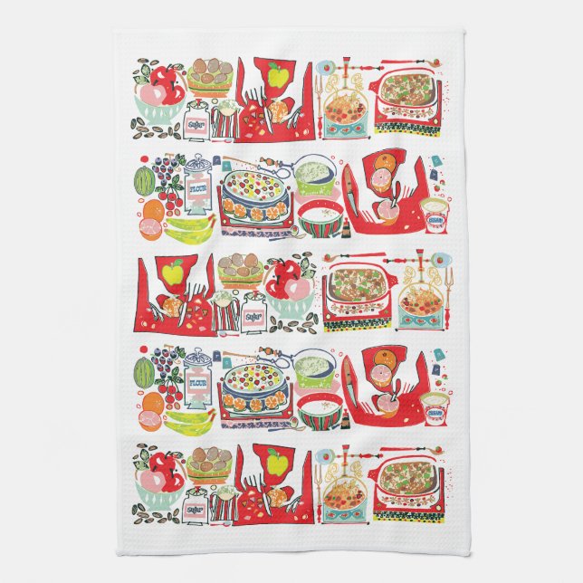 Linge De Cuisine Retro Cuisine Cuisinière Livre Illustration Rouge (Vertical)