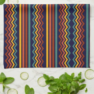 Linge De Cuisine Rétro des années 70 marine et moutarde chevrons bo
