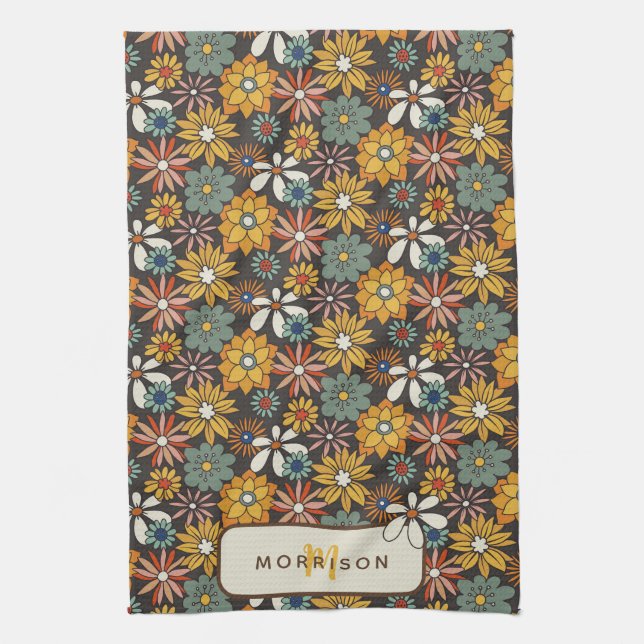 Linge De Cuisine Retro Floral Brown Gold Turquoise Personnalisé (Vertical)