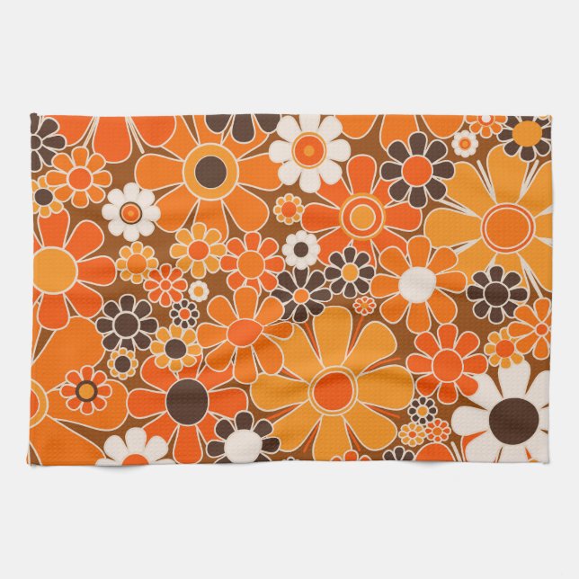 Linge De Cuisine Retro Garden Super Floral 60s les années 70 Orange (Horizontal)