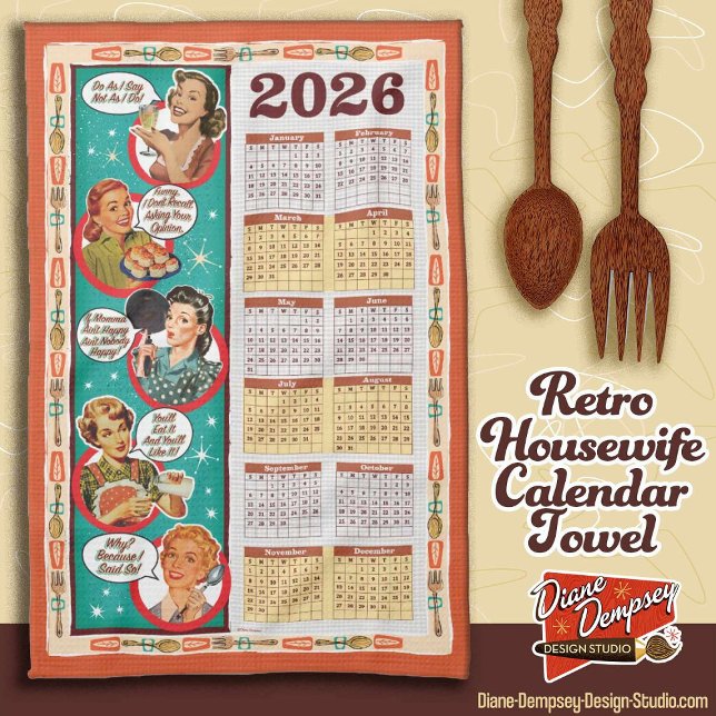 Linge De Cuisine Retro Housewife Calendar Towel 2026  (Créateur téléchargé)