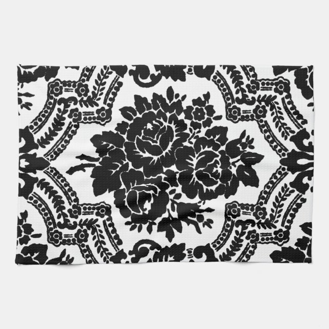 Linge De Cuisine Rétro impression florale de victorian, noire et (Horizontal)
