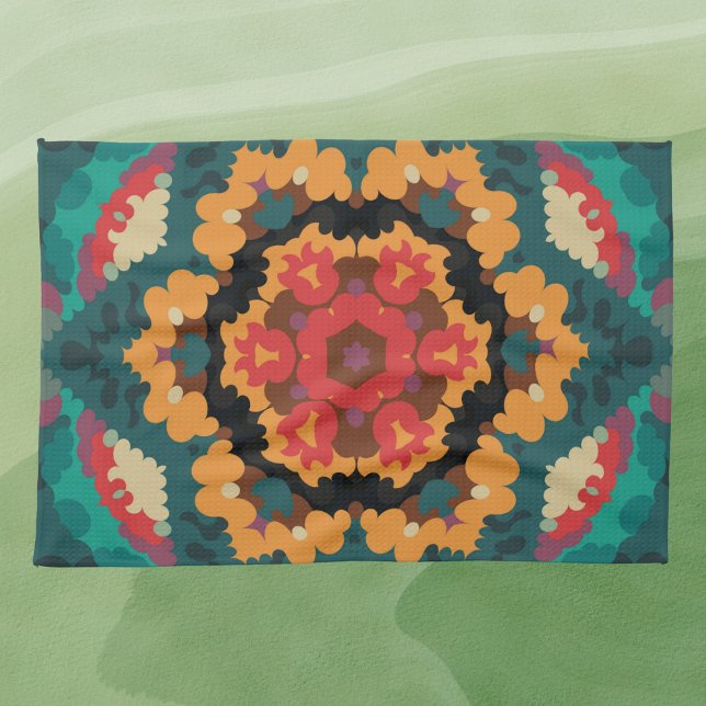 Linge De Cuisine Rétro Mandala bleu orange et rouge (Créateur téléchargé)