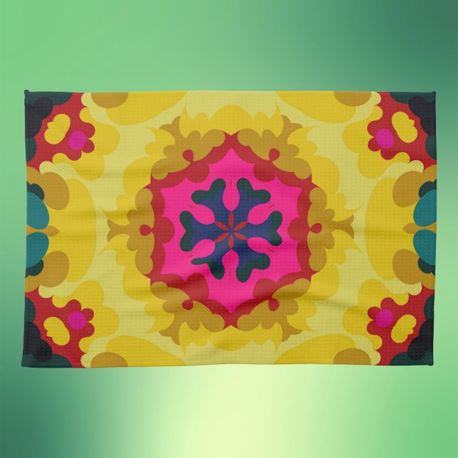 Linge De Cuisine Rétro Mandala jaune bleu et rose (Créateur téléchargé)