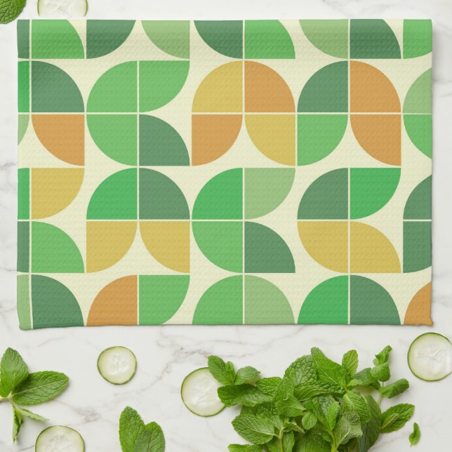 Linge De Cuisine Rétro milieu du siècle Géométrique floral vert (Plié)