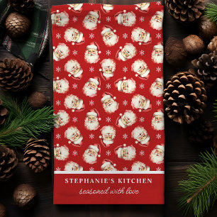 Linge De Cuisine Retro Père Noël Rouge Nom personnalisé Noël