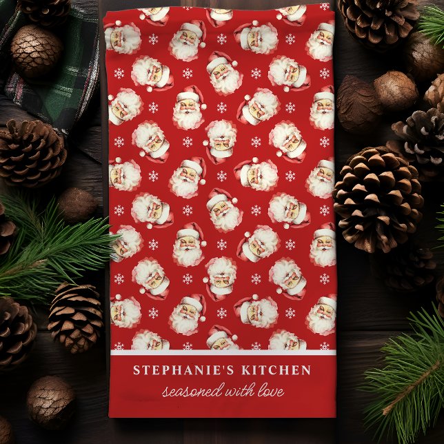 Linge De Cuisine Retro Père Noël Rouge Nom personnalisé Noël (Créateur téléchargé)