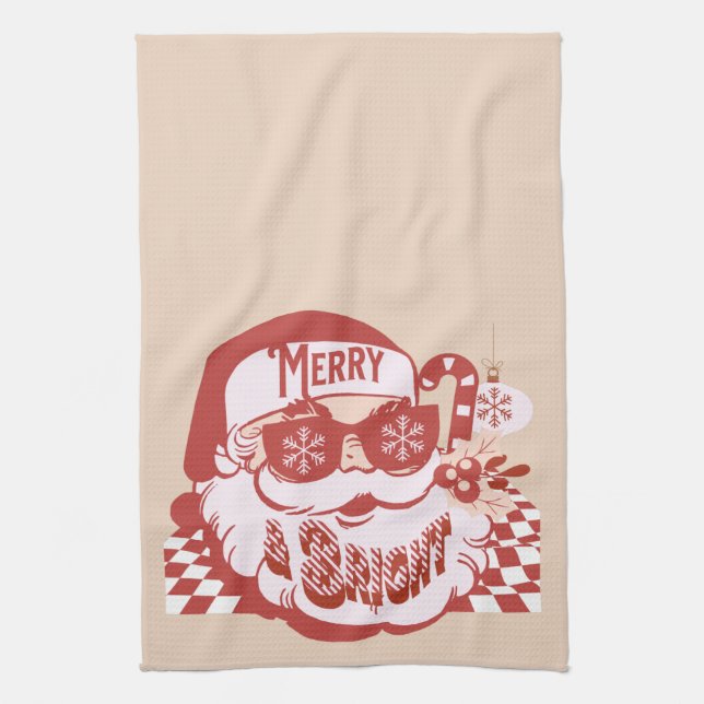 Linge De Cuisine Rétro Santa Joyeux Noël Rose Rouge   (Vertical)