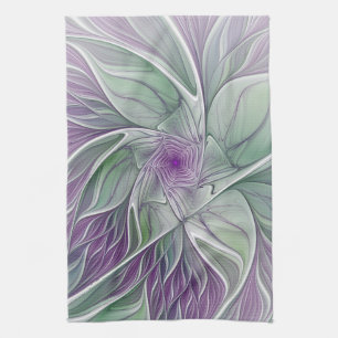 Linge De Cuisine Rêve de fleurs, Abstrait violet vert Fractal Art