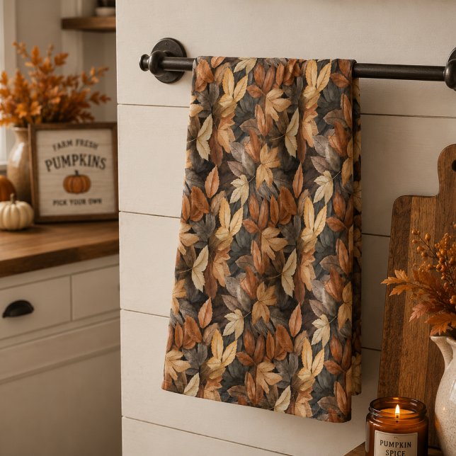 Linge De Cuisine Riche Brun Beige Feuilles D'automne Rustique Ferme (Créateur téléchargé)