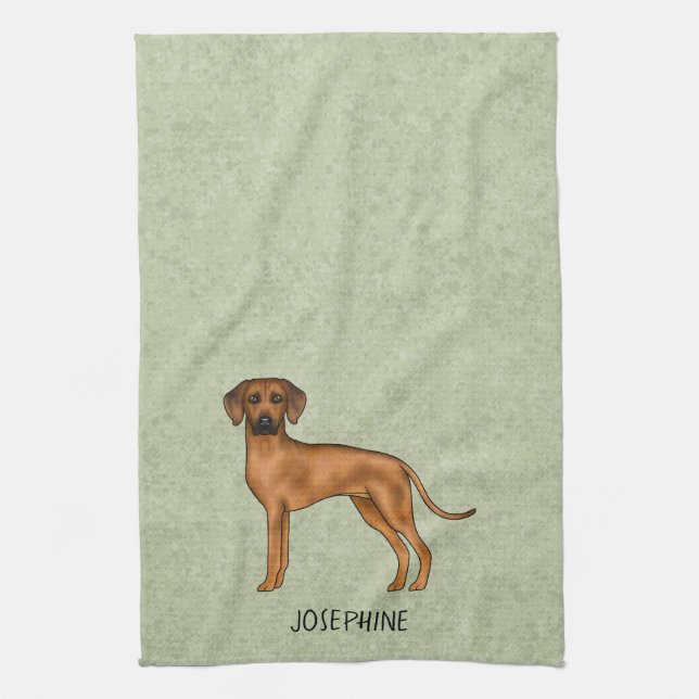 Linge De Cuisine Ridback Rhodésien Chien Brun Mignon Avec Nom Vert (Vertical)