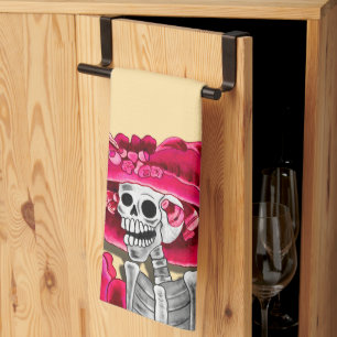 Linge De Cuisine Rire Skeleton Woman dans Red Bonnet