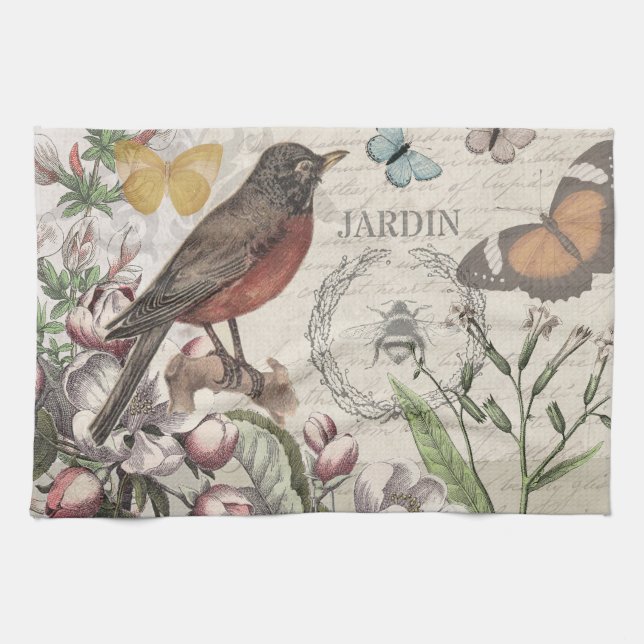 Linge De Cuisine Robin Elegant Bird Butterfly French Art (Horizontal)
