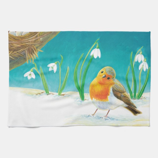 Linge De Cuisine Robin Oiseau, neige et gouttes de neige Illustrati (Horizontal)