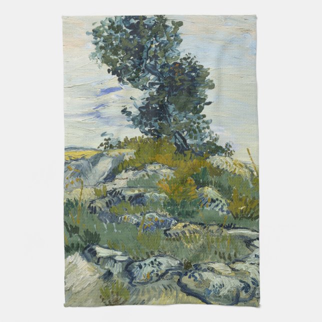 Linge De Cuisine Rocks with Oak Tree, Van Gogh Oil Painting (Vertical)