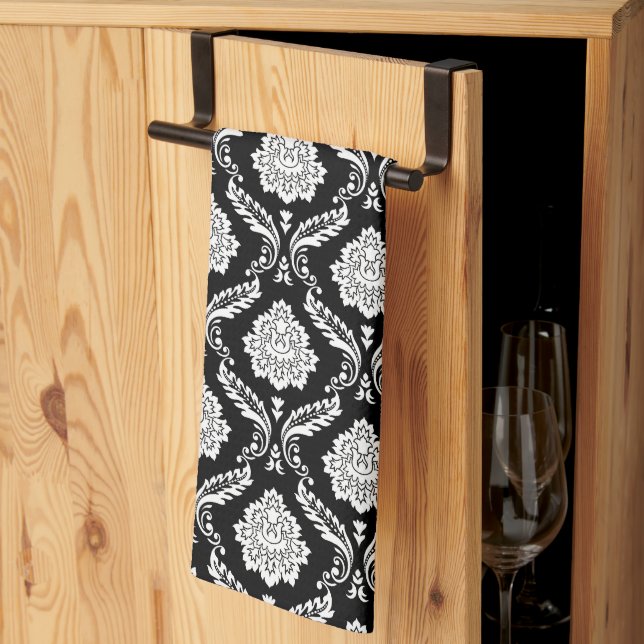 Linge De Cuisine Rococo Damassé Petit Motif Blanc sur Noir (Pliage en tiers)