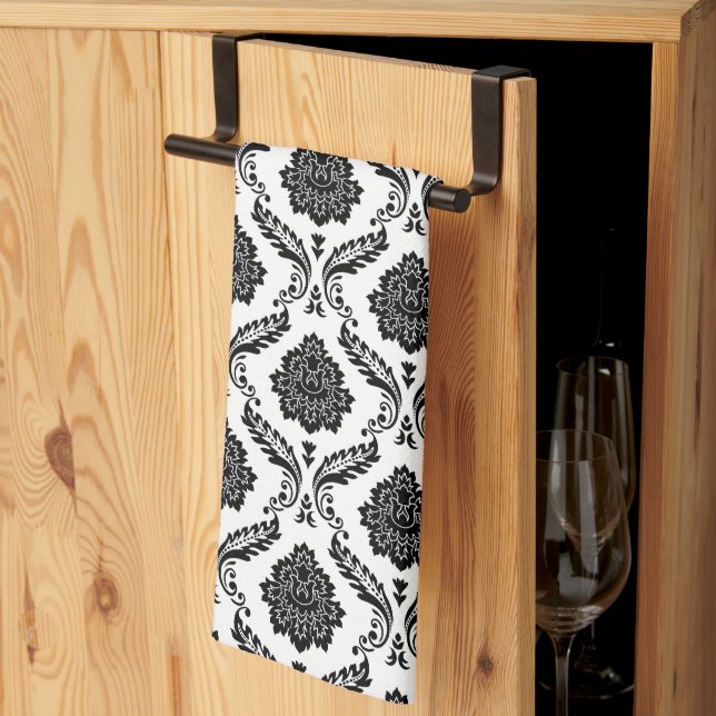 Linge De Cuisine Rococo Damassé Petit Motif Noir sur Blanc (Pliage en tiers)