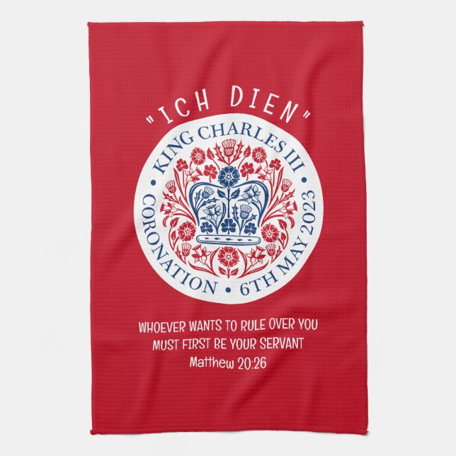Linge De Cuisine ROI CHARLES III Couronnement Rouge (Vertical)