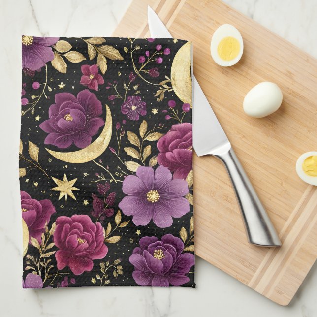 Linge De Cuisine Romance Sombre Lune Céleste Violet Or (Quart Plié)