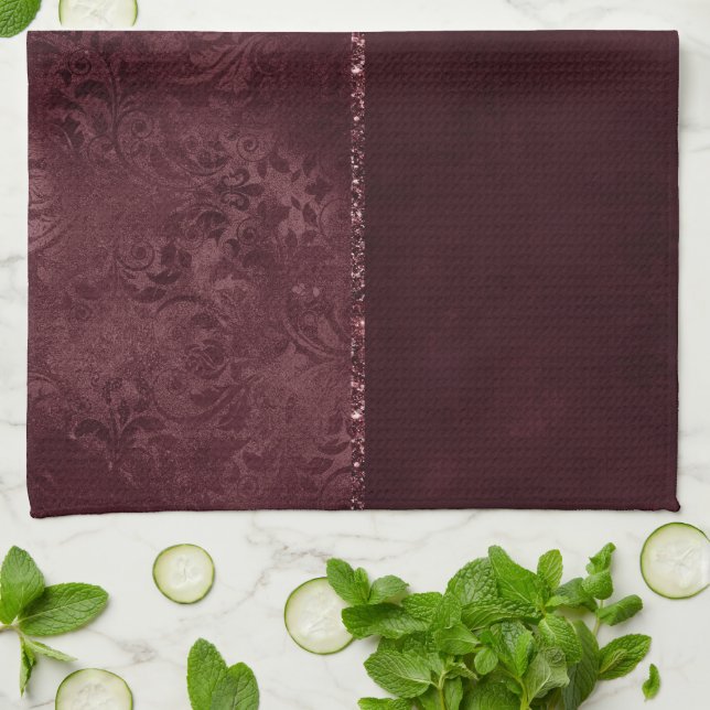 Linge De Cuisine Romance Vin De Minuit | Dark Satiny Grunge Damask (Plié)