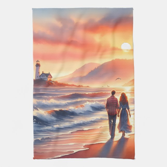 Linge De Cuisine Romantic Coastal Sunset Lighthouse Walk (Vertical)