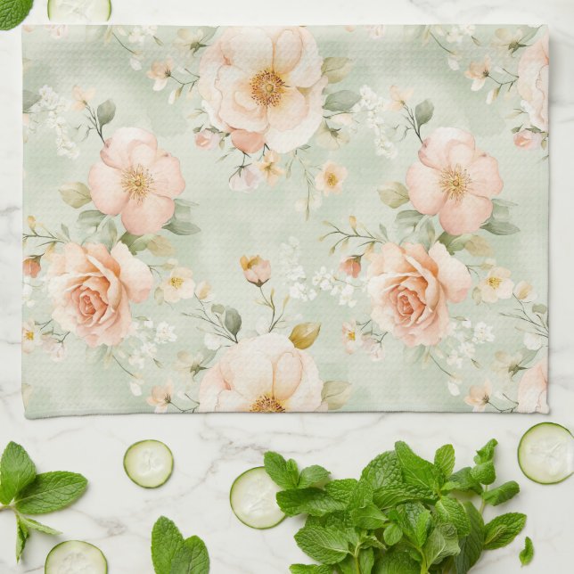 Linge De Cuisine Romantic Peach Mint Pretty Roses Floral (Plié)