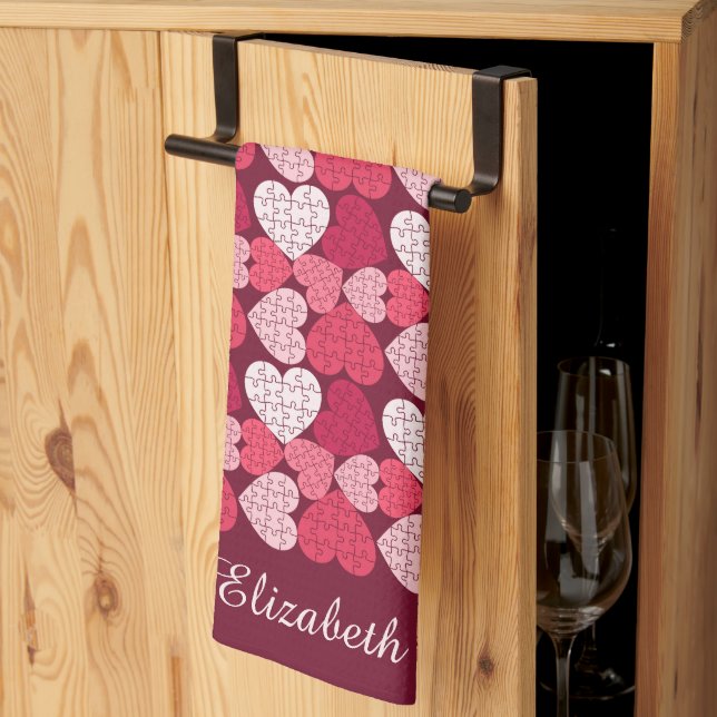 Linge De Cuisine Romantique Rouge & rose Jigsaw Motif de coeur de p (Pliage en tiers)