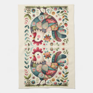 Linge De Cuisine Rooster de Patchwork Folk aux accents floraux