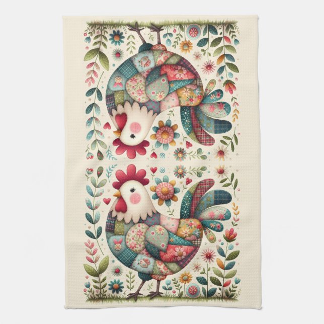 Linge De Cuisine Rooster de Patchwork Folk aux accents floraux (Vertical)