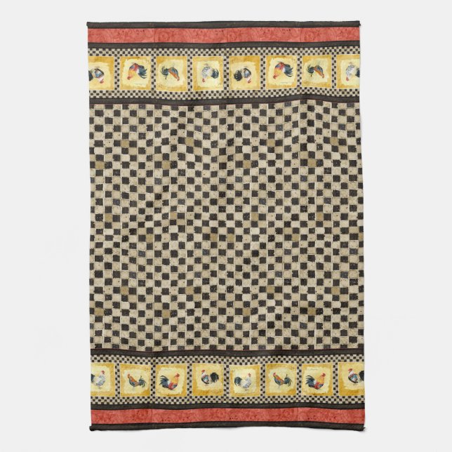 Linge De Cuisine Roosters d'or Rouge & Tan Check Swirl Cuisine (Vertical)