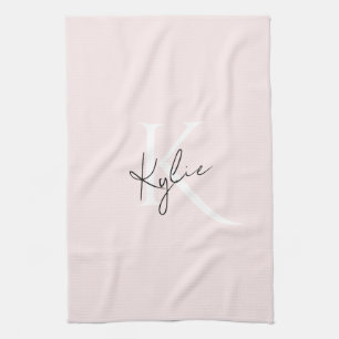 Linge De Cuisine Rose Blush moderne Nom du monogramme personnalisé