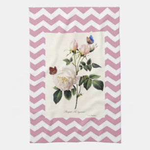 Linge De Cuisine Rose botanique vintage et rayures chevron tendance