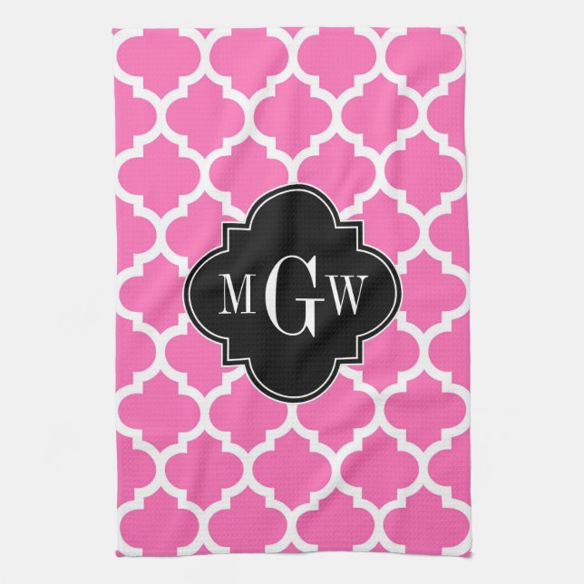 Linge De Cuisine Rose Chaud Avec Marocain #5 Noir 3 Monogramme Init (Vertical)