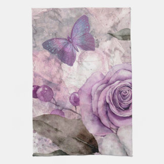 Linge De Cuisine Rose d'aquarelle violet et papillon